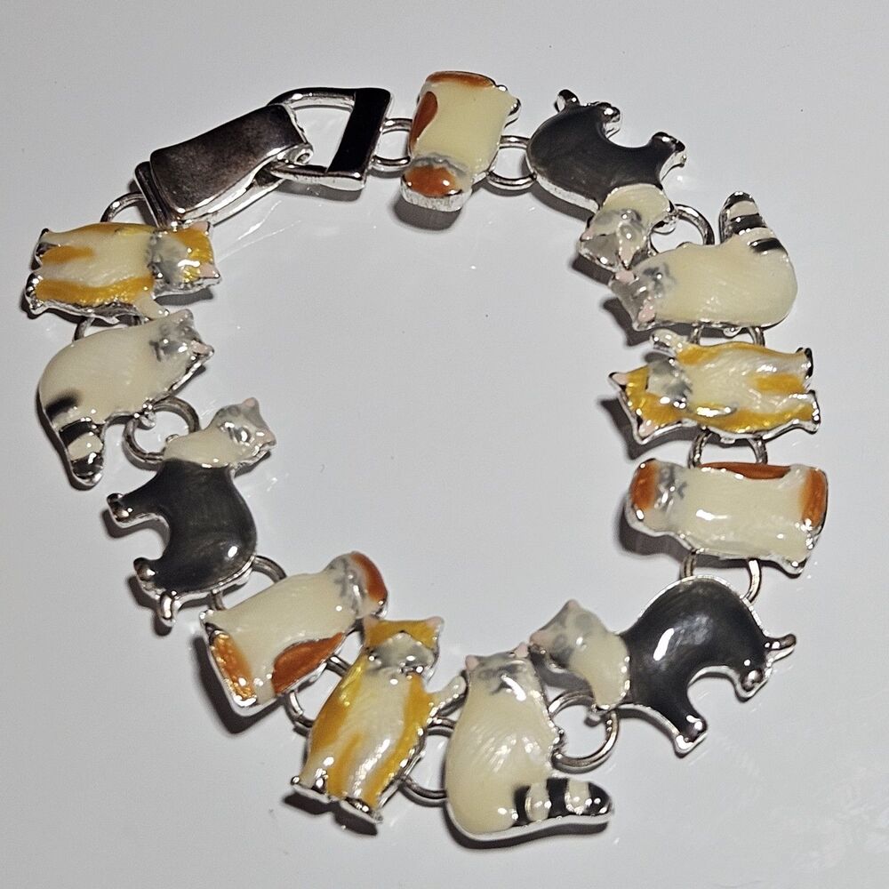 *Sale*Cat Bracelet Chain Link Magnetic Clasp Kitty Cat Kitten Calico Silver 7.5" - Picture 14 of 16